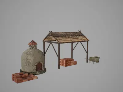 Quarry wooden structure and bricks Low-poly 3D model