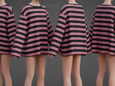 Women Harajuku Stripes Long Sleeves Shirt Grunge Y2K Sweatshirt Low-poly 3D model