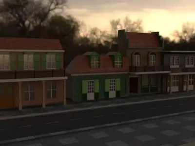 CIty set of buildings on street Low-poly 3D model