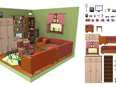Isometric cartoon living room 02 3D model