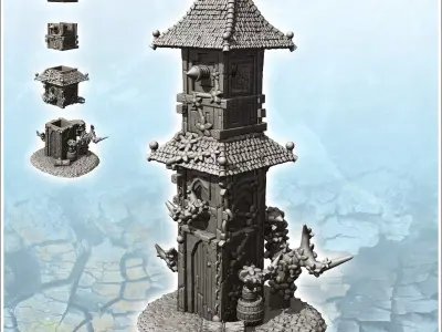 Large medieval tower with multiple tiled roofs and plant-covered 3D print model