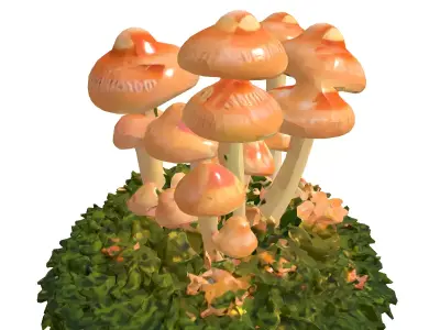 Glowing Fantasy Mushrooms on Moss Low-poly 3D model