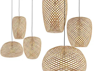 Set of 3 Bamboo Lantern Pendant Lamp 3D model