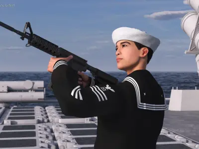  Asian Sailor in Black Uniform with Rifle 