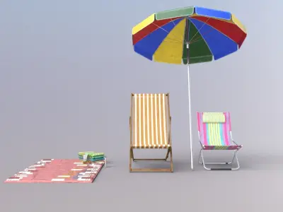 Beach Pack - Folding Chair Umbrella Towel Mat and Sunscreens Low-poly 3D model