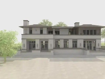 Contemporary House Exterior with Patio and Greenery 3D model