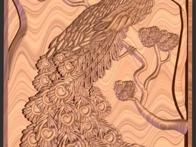 peacock door wood carved 3D print model