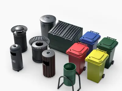 Trashcan Set recycling bin on wheels 3D model