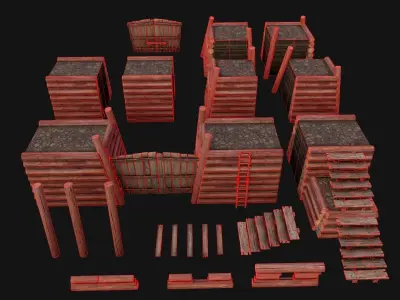 Wooden Castle Fort Walls Modular Low-poly 3D model