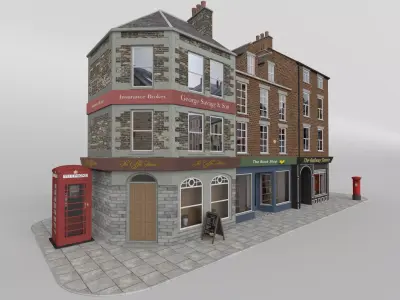 Uk town buildings with telephone and post box Low-poly 3D model