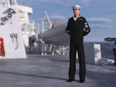  US Navy Asian Sailor in Black Uniform Standing Pose 