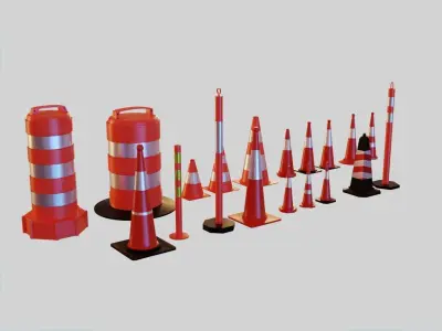 Traffic Cones and Construction barrels Collection - 19 items Low-poly 3D model