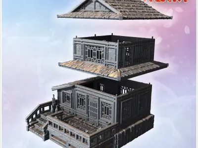 Two-story house with balcony intricate lattice windows and decor 3D print model