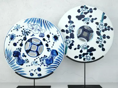 Blue and White Ceramic Disks Collection 3D Model Pack