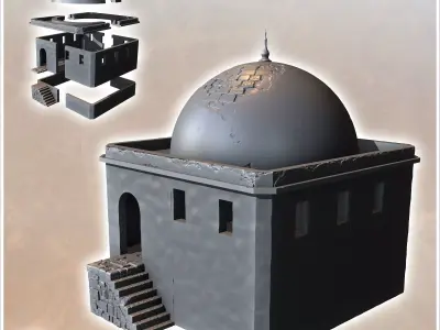 Square Eastern building with access stairs and large damaged dom 3D print model
