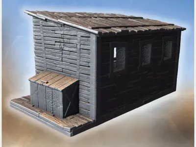 Covered wooden bridge with side rails plank flooring and adjacen 3D print model