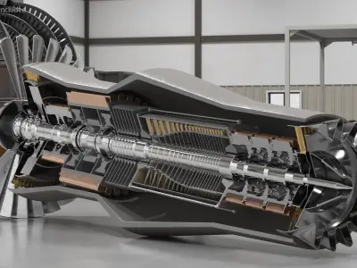  Rotor and Shaft Jet Engine Turbine in Cutaway 