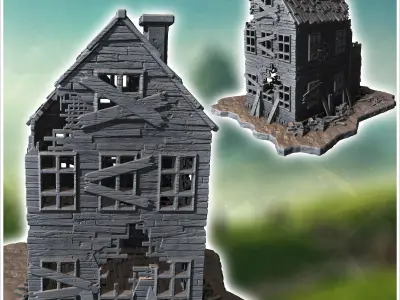 Collapsed two-story wooden structure with broken balcony damaged 3D print model
