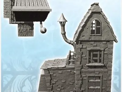 Medieval house with entrance under porch two-storey terrace and  3D print model