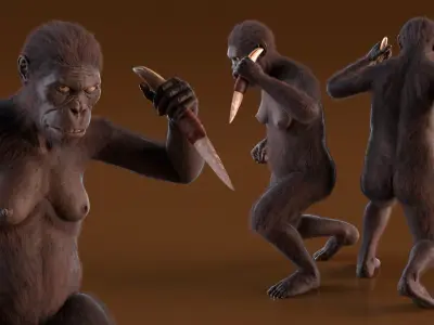  Hominid with Weapon in Attack Pose Fur 