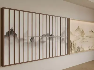 On the left is a screen with wooden grids 3D model