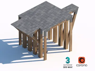 Contemporary Wooden Pergola with Bench 3D model