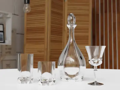 Glass Set of glasses and decanter on table 3D model