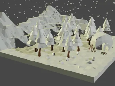 Winter Set snowy landscape with trees and snow 3D model