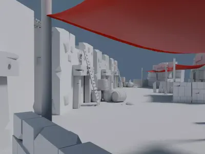 Low Poly Village street with buildings and umbrellas 3D model