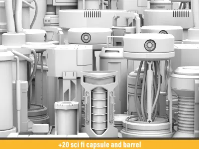 20 sci fi capsule and barrel kitbash 3D model