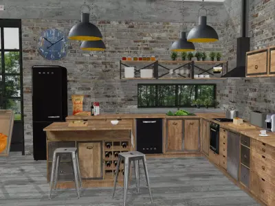 Kitchen cabinets and appliances set in industrial rustic style Low-poly 3D model