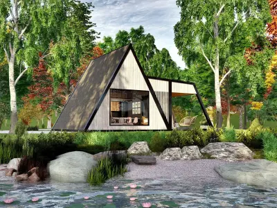 Modern a frame house w fireplace and hot tube Low-poly 3D model