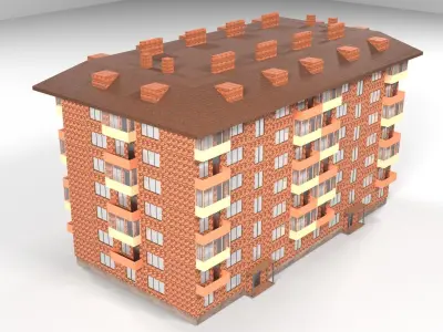 Red brick city building  Low-poly 3D model