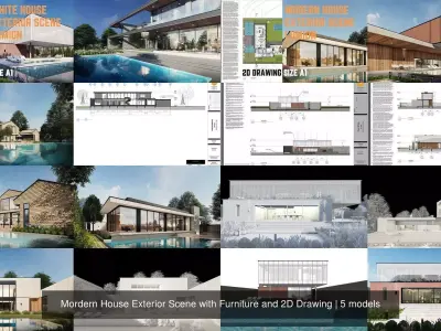 Mordern House Exterior Scene with Furniture and 2D Drawing 3D Model Pack