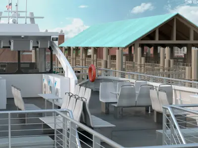  Dock Pier with NYC Ferry Boat on Water 