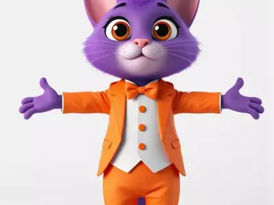Purple Cartoon Cat in Orange Suit  Fully Rigged and Animated Low-poly 3D model
