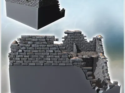 Heavily damaged stone building with exposed steel framework and  3D print model