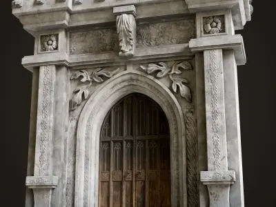 Medieval Wood Door with Stone Arch - Rigged and animated Low-poly 3D model