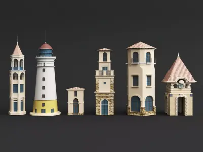 Stylized Tower Pack Clock Towers Bell Towers Lighthouse Models Low-poly 3D model