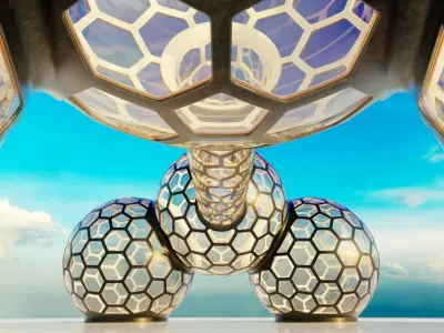 2 fused glass hexagon sci fi spherical domes set with walkway 3D model