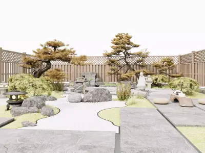 Japanese Zen - style Courtyard Landscape Design 3D model