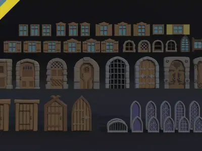 Cartoon medieval doors and windows Polygonal Style 3D Model Pack