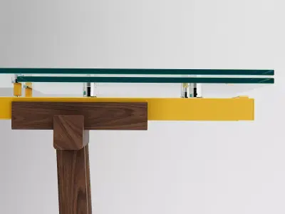 Tracks table with glass top and wooden legs 3D model