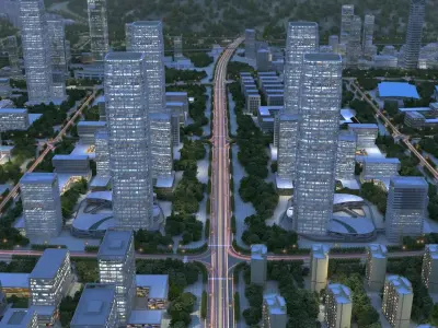 Aerial View of City Night Scene 3D Building Animation Model 3D model