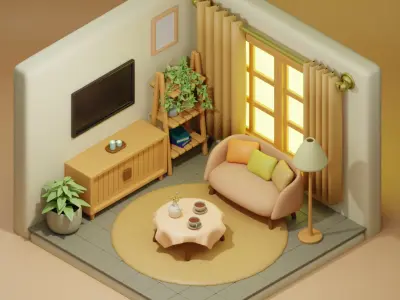 Interior-building cute living room isometric  Free 3D model
