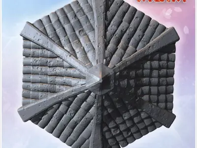 Traditional hexagonal pavilion with wooden pillars tiled roof an 3D print model