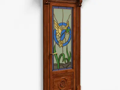 Door0040 wooden door with stained glass 3D model