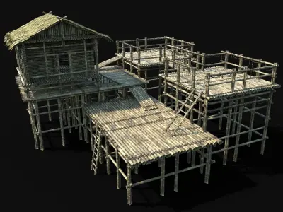 BAMBOO WATCHTOWER FORT SHELTER HOUSE TREE JUNGLE HUT SURVIVAL Low-poly 3D model