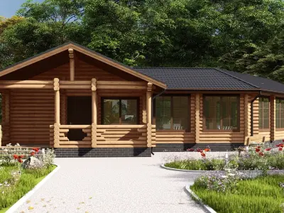 3D model of a wooden bathhouse with a pool 3D model