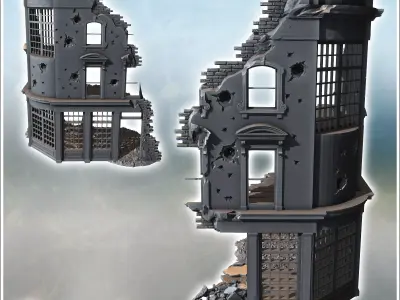 Curved building facade with shattered windows bullet impacts and 3D print model